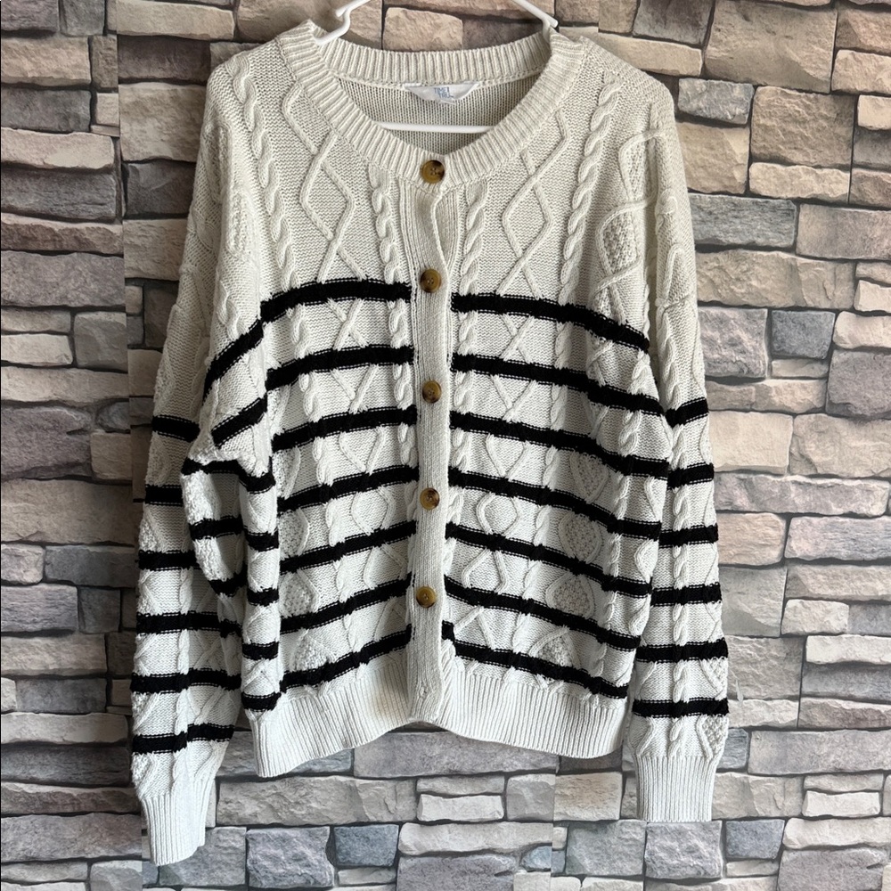 Time and Tru Black and White Button-Up Cardigan